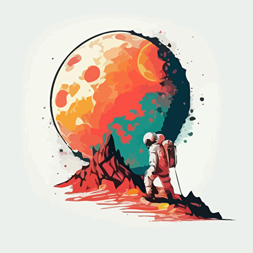 small astronaut painting a human-sized moon, vibrant colors, red moon, white background, illustration style, vector