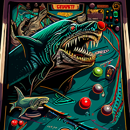 1990 pinball playfield art, a gorilla and a shark fighting, vector style