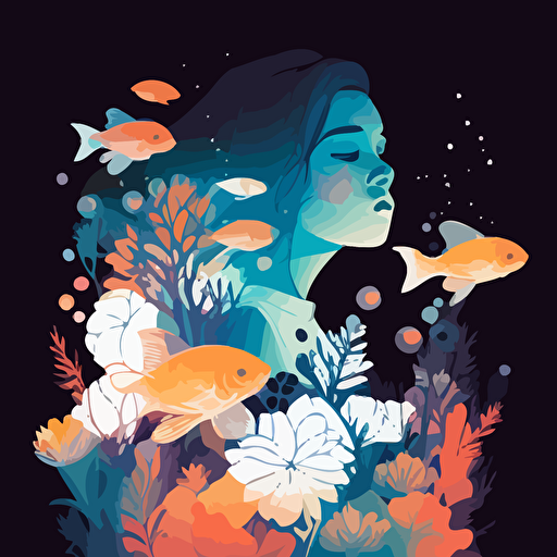 girl, Surrounded by flowers., Three fish next to the girl, Tyndall light effect, Absurd, Vector, A clean background, Gradient color, Modern minimalist illustration