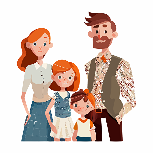 family of 4, happy, vector, white background, fully length