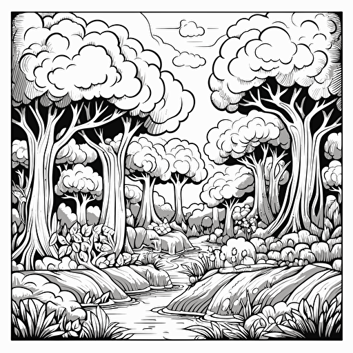 2d illustration, simple vector wonderful forest coloring page