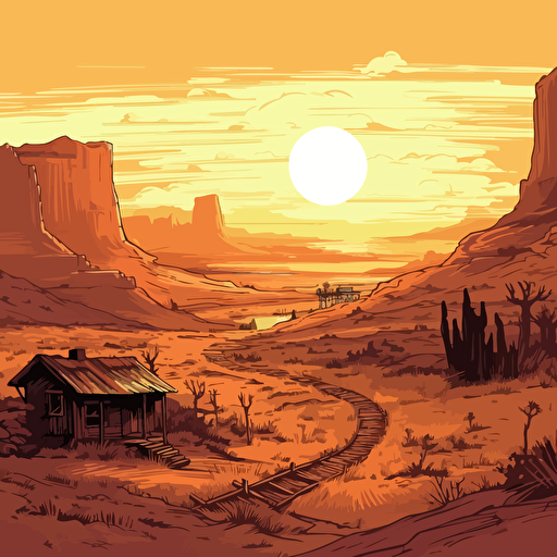 digital illustration western landscape, light colors, vector, contour