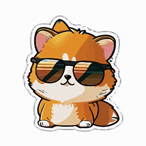 Kawaii cute happy animal wearing sunglasses, professional Sticker Design vector, contur white background