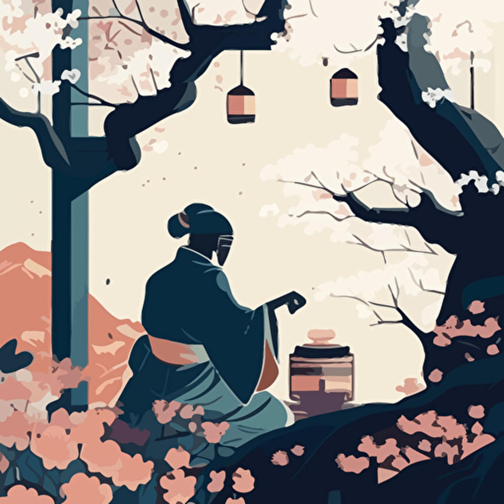 Inspired by traditional Japanese woodblock prints, create a vector illustration of Satoshi Nakamoto participating in a tea ceremony in a serene Japanese garden. Set the scene during a peaceful afternoon with cherry blossoms in bloom.