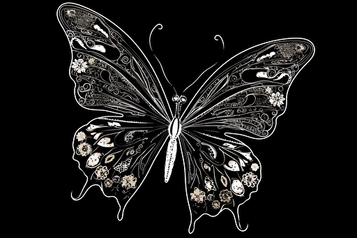 butterfly vector image white ink black background, black and white drawing ,