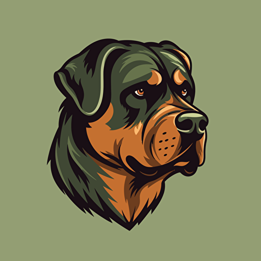 A vector logo of a Rottweiler for a dog grooming business, simple, memorable, rugged, Tough, Outdoorsy, Unconventional, Adventurous, light green, brown