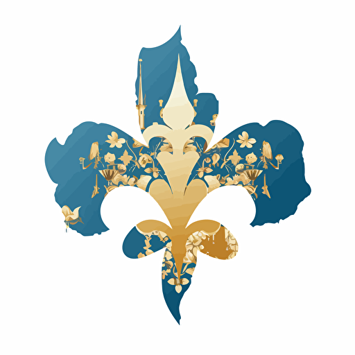 Blue and gold fleur de lys, gold world map inside fleur de lys, vectorized, illustrator, flat, 2d, white background