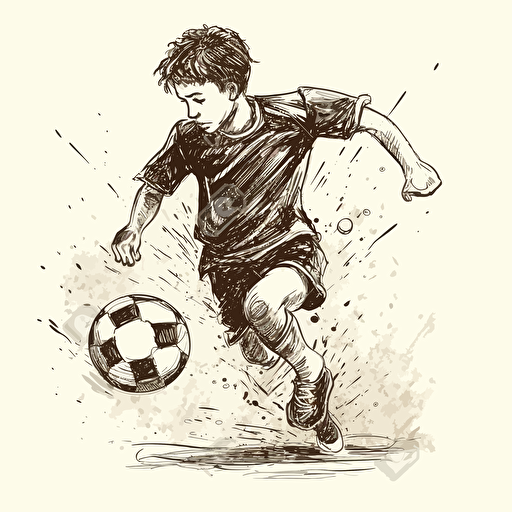 vector illustration ink drawing of young boy kicking a soccer ball with white background