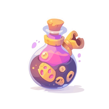 Circle vector icon, yellow fantasy potion bottle inside a purple circle on a white background,