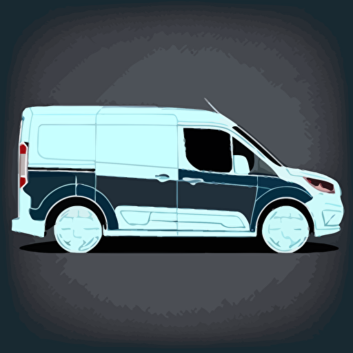 silhoette of ford transit connect, white color, gray background, blue highlights, simple design, vector cartoon style, white outline over silhouette