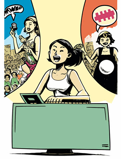 Japanese comic book style, an Asian young climate activist, a Asian feminist, a female human rights activist, and a female worker imagine a "hammer" and a "keyboard," together on a big stage, and their imagined hammer and keyboard shapes float in a single bubble, Non-letter illustration. white background, vector, illust