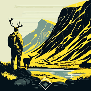 man with a yellow jacket with a stag beside him. Looking over a beautful scottisch valley with a big waterfall. gradients. vector art