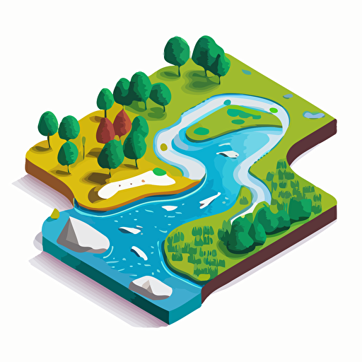 aerial shot of a river, white background, childrens book flat color vector art