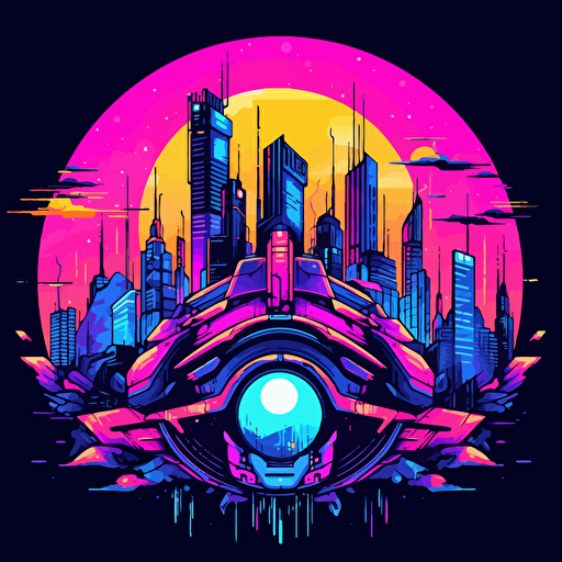vector illustration of cool Cyberpunk city, simple colors and art, logo