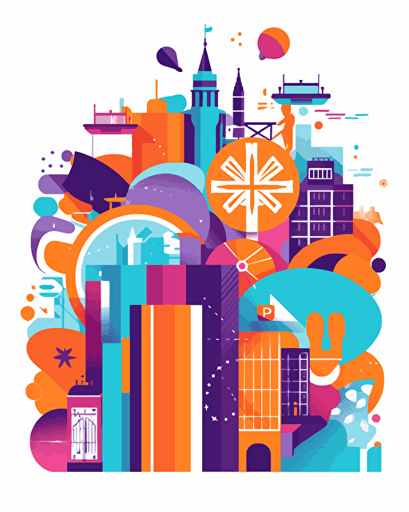 flat modern vector image of learning english, complemenatry colours, bright orange and purple and teal, high resolution, white background, rounded edges, detailed