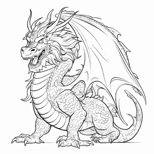 DND Fantasy. Japanese Style dragon. No Shadow. Cartoon. Coloring page. Vector. Simple.