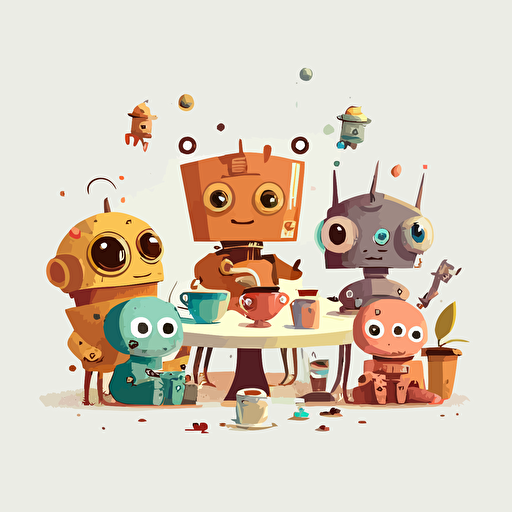 fun tea time in the mid-morning, little friends and robots sittiing together, vector illustration