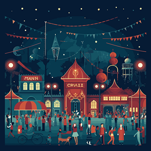 very simple vector illustration of a carnival at night with people, only a few colors