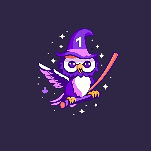 owl wizard, flying to the left holding on magic wand below, purple, dribbble style, vector logo, simple, flat 2d, company logo