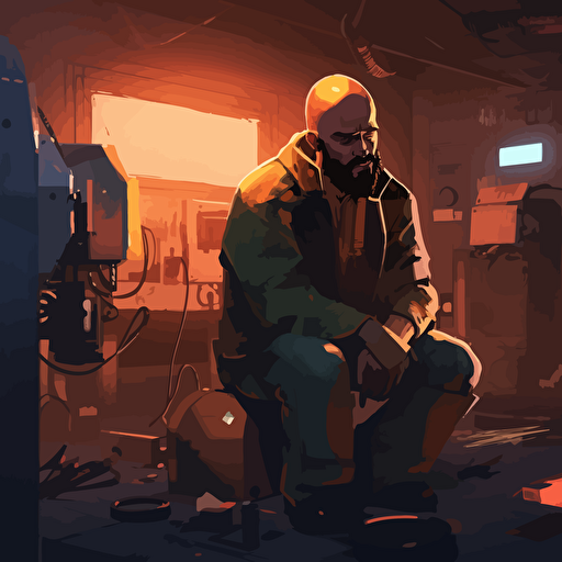 a broken futuristic robot in a workshop. It's maintainer is a bald, bearded Dominican man. The maintainer is looking at it, disappointed. vector art, moody lighting
