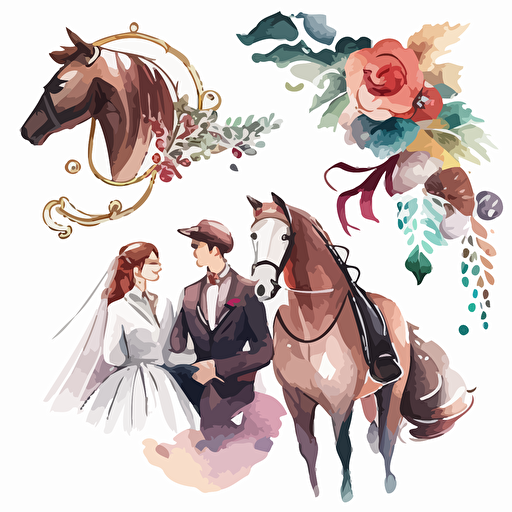 vector illustrations ,very cute wedding illustrations clipart set,beautiful newlyweds riding a horse, on a white background separate elements with a margin, watercolors , husband and wife on their wedding day riding a horse together , love