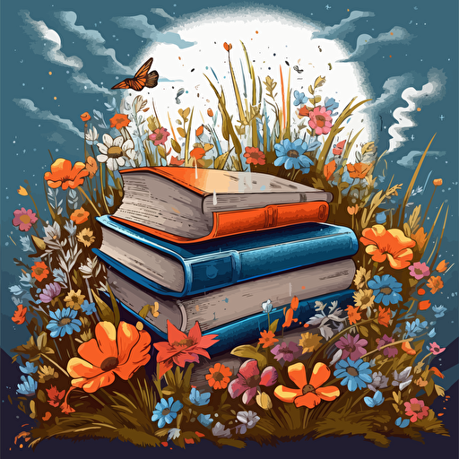 a vector image of books growing in a field surrounded by flowers, blue and orange and dark gray, graffiti style