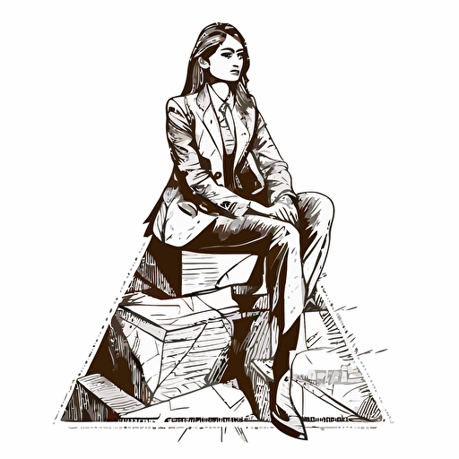 women in business suit sitting on a pointed pyramid, detailed outline vector illustration