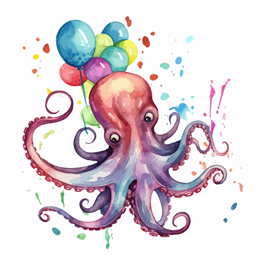happy birthday octopus, detailed, cartoon style, 2d watercolor clipart vector, creative and imaginative, hd, white background