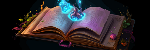 vector art, high detail, magical tome of spells, different elements are coming out of the tome
