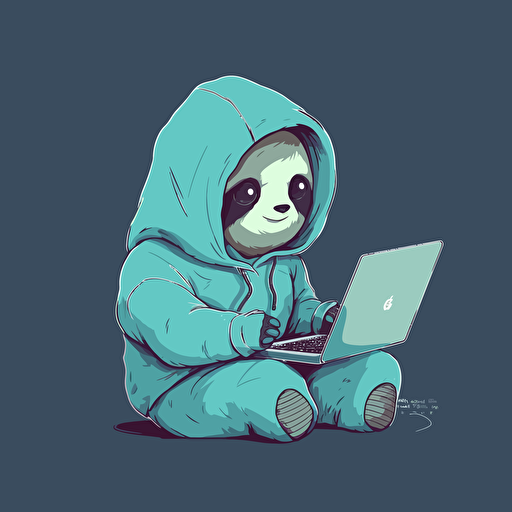 Cute simple vector image, of sloth holding in a hoodie, holding computer, cyan color scheme,