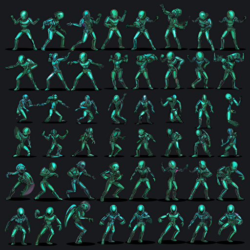 24 action poses for a video game sprite sheet, no background, brand new aliens by DJ SHADOWMIND, vector art,