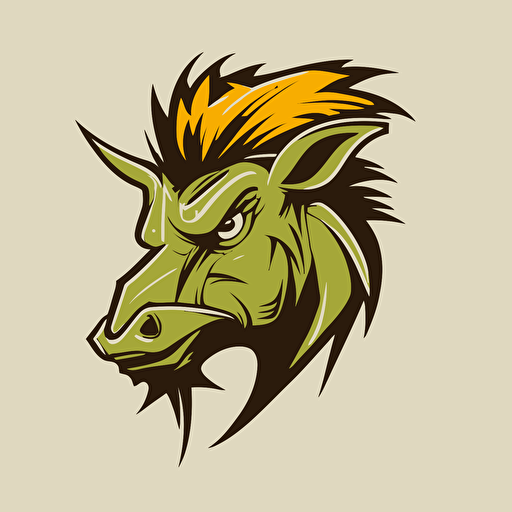 warthog human hybrid, head shot, profile, cartoon eyes, friendly but focused, wry smile, vector logo, vector art, emblem, simple, cartoon, 2d