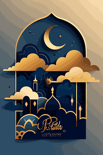 flat vector design, happy eid mubarak, mosque, sunset, layers of clouds, blue and gold