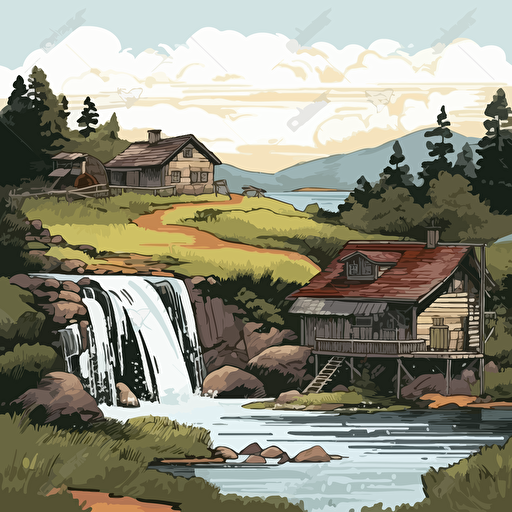 rural scene, waterfall in background, two buildings, digital art, vector, detailed