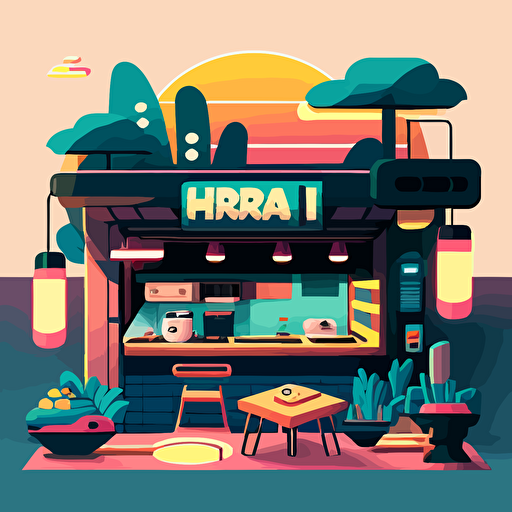 a cartoon vector illustrator of modern Japanese styled restaurant with bright colors, Roblox style