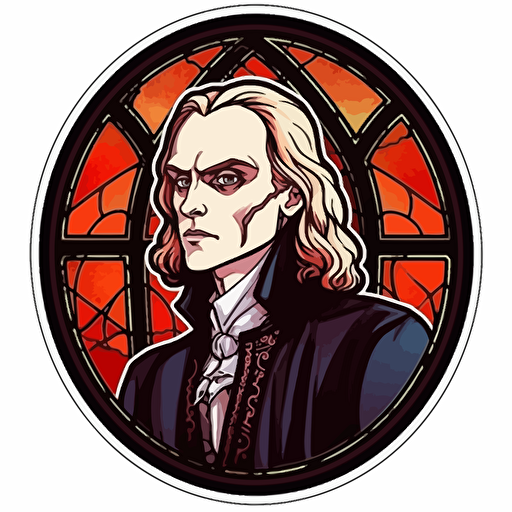 sticker, Lestat de Lioncourt showing his vampire fangs, Interview with the Vampire in Abigail Larson style, arced cathredal window frame, full color, contour, vector, white background