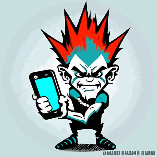 punk rock troll on a smart phone, vector logo, vector art, emblem, simple cartoon, 2d, no text, white background