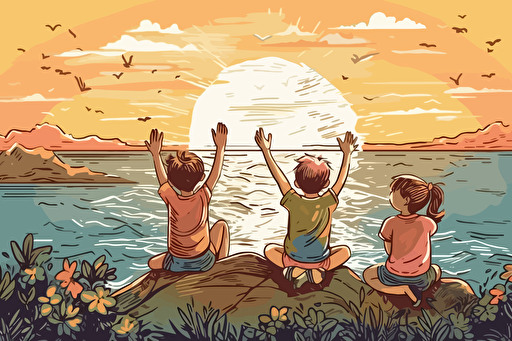 Four happy children sitting onthe sea coast and raising up their hands. vector