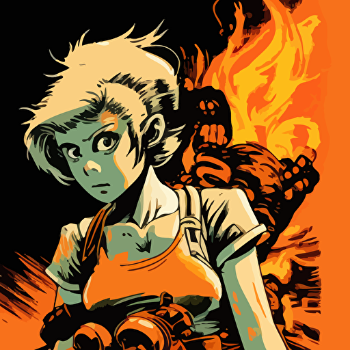 :Monkey discovers fire. A human-machine hybrid leans over her, smiling sardonically.. Vector illustration, 80s hip hop style of Katsuhiro Otomo