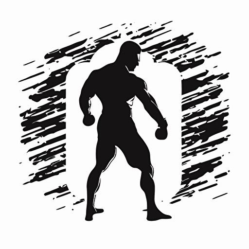 square logo, silhouette of a kickboxing men against a siberian nature, white background, flat image vector
