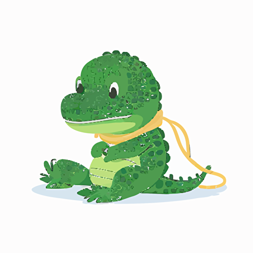 sad baby alligator with a rope around his mouth sitting by the river, white background, flat color vector art