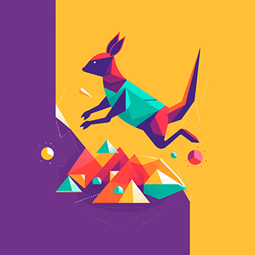 Kangaroo, Geometric Shapes, Jumping on a Trampoline, Playful, Bright Colors, Comic vector illustration style, flat design, minimalist logo, minimalist icon, flat icon, adobe illustrator, cute, Simple