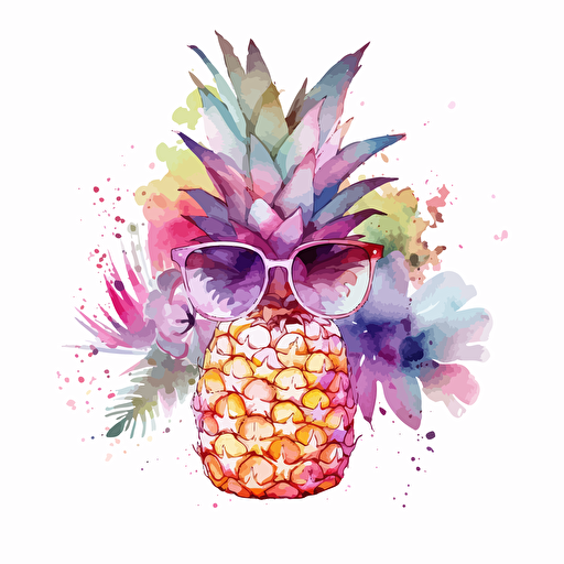 cute watercolor design of pineapple with luau flowers wearing pink sunglasses, vector
