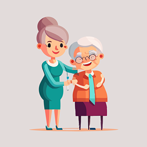 granny getting needle in arm by a doctor, smiling, 2d, flat vector illustration, white background