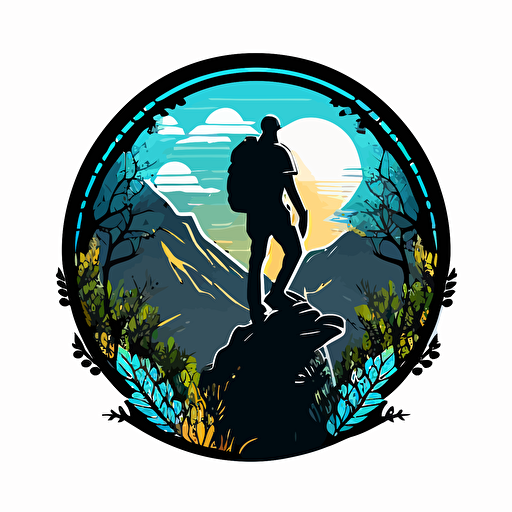 A person hiking in a mountain in the nature , futuristic, ronded vector logo, white background, use only 2 colors, style luxury brand