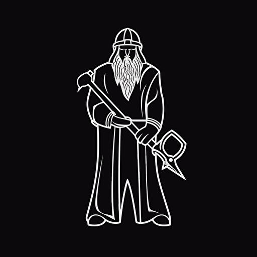 solid line white on black, medieval axe man, black background, vector, 3:4, simple 2D