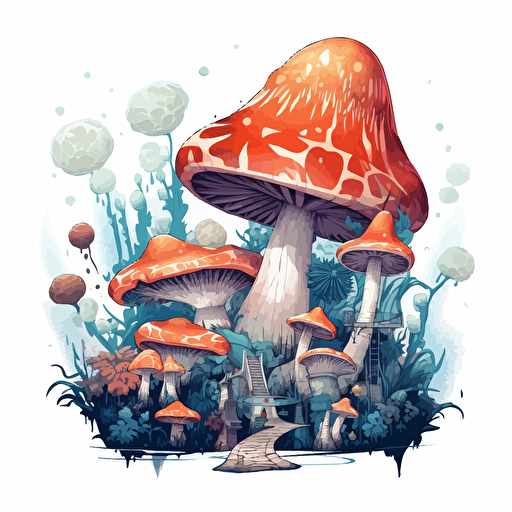 round up design with digital illustration of mushrooms, magic world inspired by Studio Ghibli, vector illustration, intricate details, unreal engine, extremely high detailing, sharp, white background