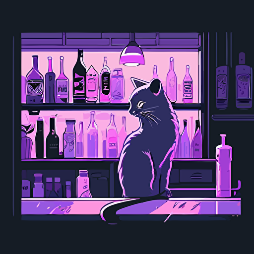 vectors, vectors art, simple, pastel lavender, retro modern, neon, cat by the bar, simple, 2d