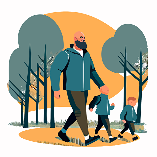 a bald bearded man walking with his two small children in a park, digital rendering, avatar image, simple clean vector