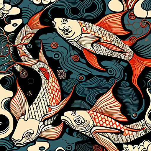 Koi fish, Japanese inspired fabric patterns, in the art style of Terry Gilecki, fine detail, traditional asian inspired theme and patterns, vector contour